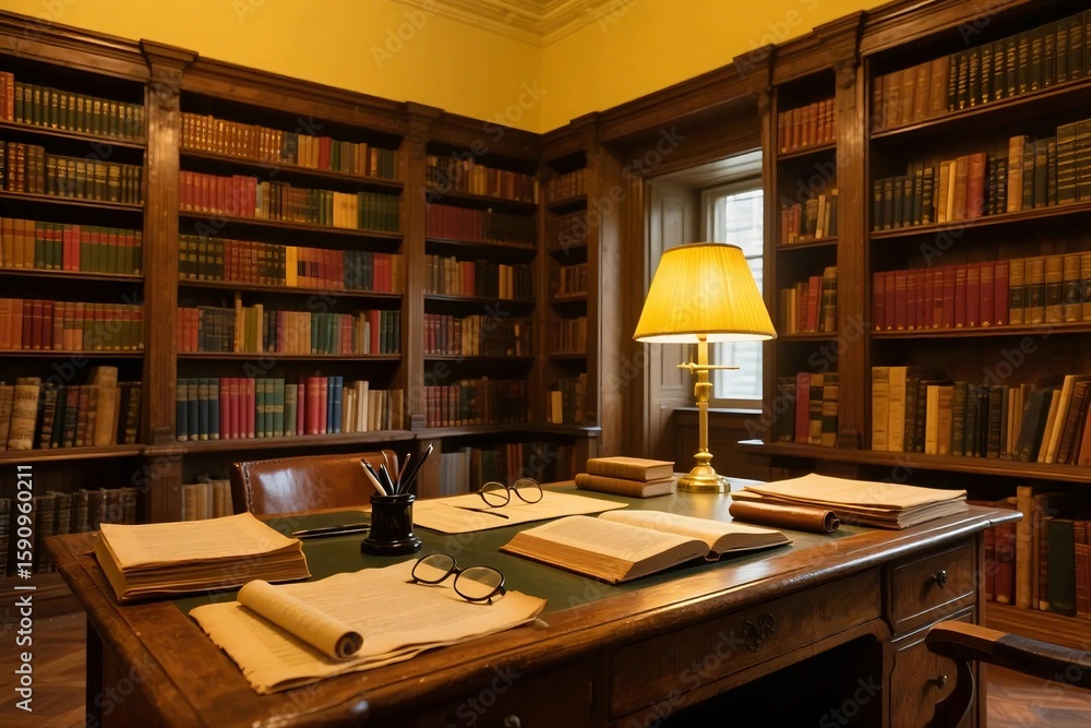 Obraz premium Classic Library Study Room with Bookshelves, Wooden Desk, and Lamp Light