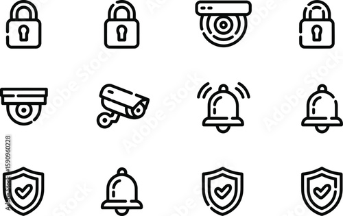 Security Icons Set Padlock C T V Camera Bell Shield Checkmark