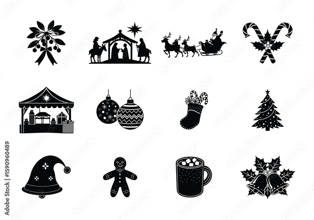 Fototapeta premium christmas icons set, Festive Christmas silhouette vector collection with Santa, reindeer, snowflakes, and holiday decorations, silhouette Christmas vectors,