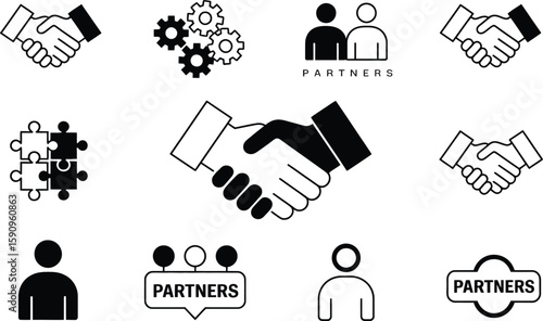 Black and White Partnership Icons Handshake Gears Puzzle People