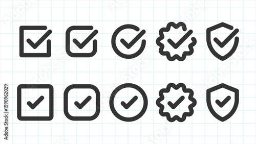 Set of checkmark icons in various shapes: checkmarks in circles, squares, and shields. Checkmark symbols for approval, validation, and confirmation. Vector element set.