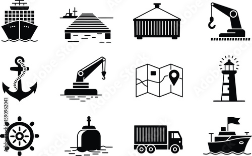 Black and White Maritime Icons Set: Ships, Anchor, Crane, Map, Lighthouse