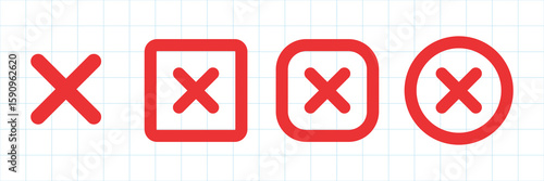 Red cross icons in various shapes: circle, square, rounded square. Cross symbols in red. Grid background. Cross icons for error, cancel, or delete. Vector element set.