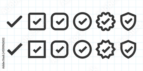 Set of checkmark icons in various shapes: checkmarks in circles, squares, and shields. Checkmark symbols for approval, validation, and confirmation. Vector element set.
