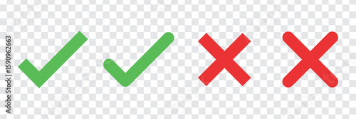 Green check marks and red crosses on a transparent background. Symbols for correct and incorrect. Check marks and crosses for decisions and feedback. Vector element set.