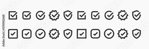 Set of checkmark icons in various shapes: checkmarks in circles, squares, and shields. Checkmark symbols for approval, validation, and confirmation. Vector element set.