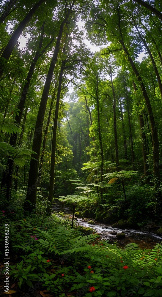 Naklejka premium Lush green forest with a stream flowing through tall trees and vibrant ferns
