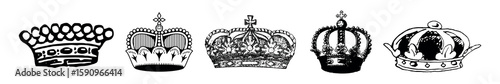 Illustration of five ornate crowns, each with unique designs. Crowns feature jewels, intricate patterns, and regal shapes. Black and white crown collection. Vintage elements vector set.