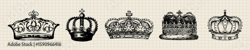 Illustration of five ornate crowns, each with unique designs. Crowns feature jewels, intricate patterns, and regal shapes. Black and white crown collection. Vintage elements vector set.