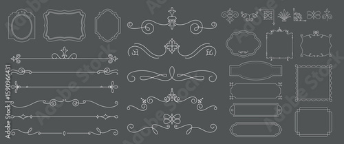 Elegant decorative frames and borders in various ornate designs. Includes swirls, flourishes, and vintage elements for stylish decoration and framing. Vintage ornamental elements vector set.