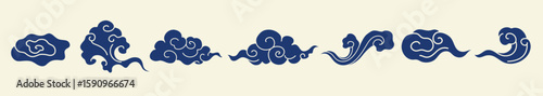 Elegant cloud patterns on background. Cloud motifs repeat in a flowing design. Decorative clouds create a harmonious, swirling effect. Chinese weather elements, vector set.