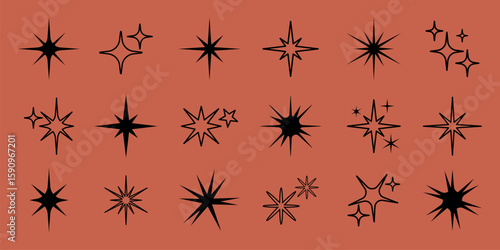 Collection of black star shapes. Various star designs, black stars, and star patterns. Unique star shapes, diverse star designs. Element vector set.