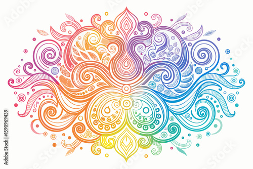 Colorful ornate symmetrical design with curls and waves creates an eye-catching floral-like ornament suitable for graphic designs or decorations.