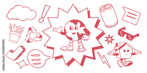 Red cartoon Earth character with smiling face, surrounded by recycling symbols, speech bubbles, and a house character. Fun, eco-friendly, and playful design. Cute cartoon elements, vector set.