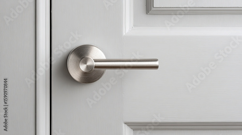 Modern silver door handle on white door with clean design
