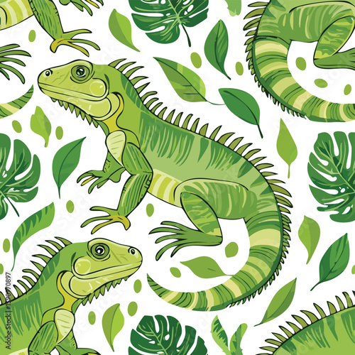Green Iguana Vector Illustration with Seamless Pattern Design