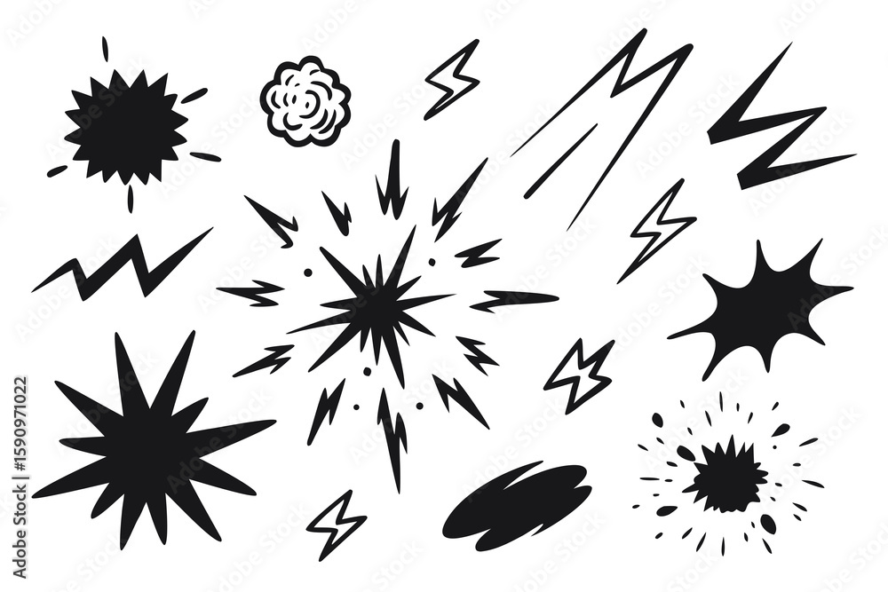 Dynamic set of expressive burst shapes and flash elements creating exciting designs for cartoons or comic effects.