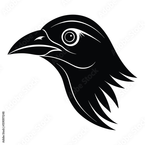 a black raven head on a white background.
