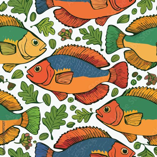 Oscar Fish Vector Illustration with Seamless Pattern Design