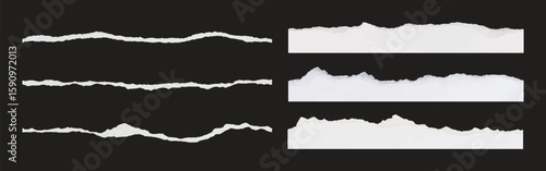 Set of torn paper edges on black background. Torn paper and paper edges create a textured, layered look. Torn paper adds a dynamic, creative touch. Ripped element set. Vectors.