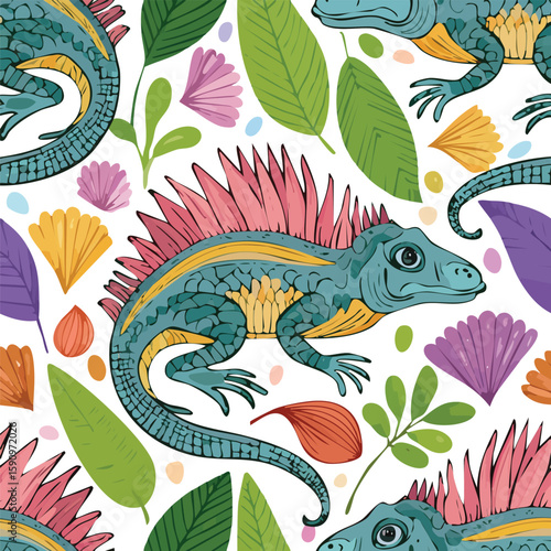 Spiny-Tailed Iguana Vector Illustration with Seamless Pattern Design