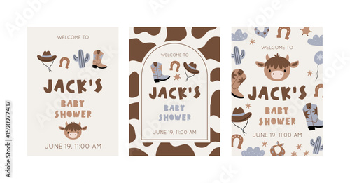 Заголовок: Cute Baby Cowboy accessories set. Western boots, shoes, hat, plants, animals.. American country fashion fo little kids. Flat style vector illustration. Baby Shower Cowboy cards