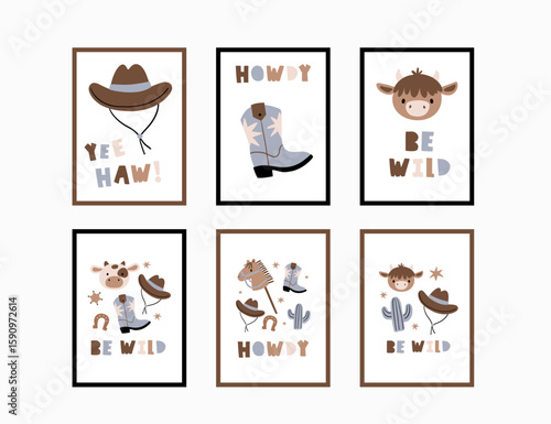 Заголовок: Cute Baby Cowboy accessories set. Western boots, shoes, hat, plants, animals.. American country fashion fo little kids. Flat style vector illustration. Baby Shower Cowboy cards