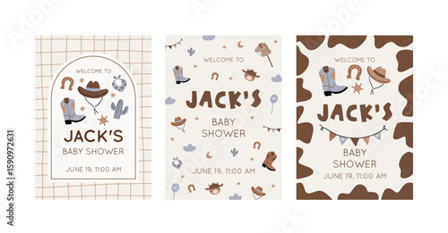 Заголовок: Cute Baby Cowboy accessories set. Western boots, shoes, hat, plants, animals.. American country fashion fo little kids. Flat style vector illustration. Baby Shower Cowboy cards