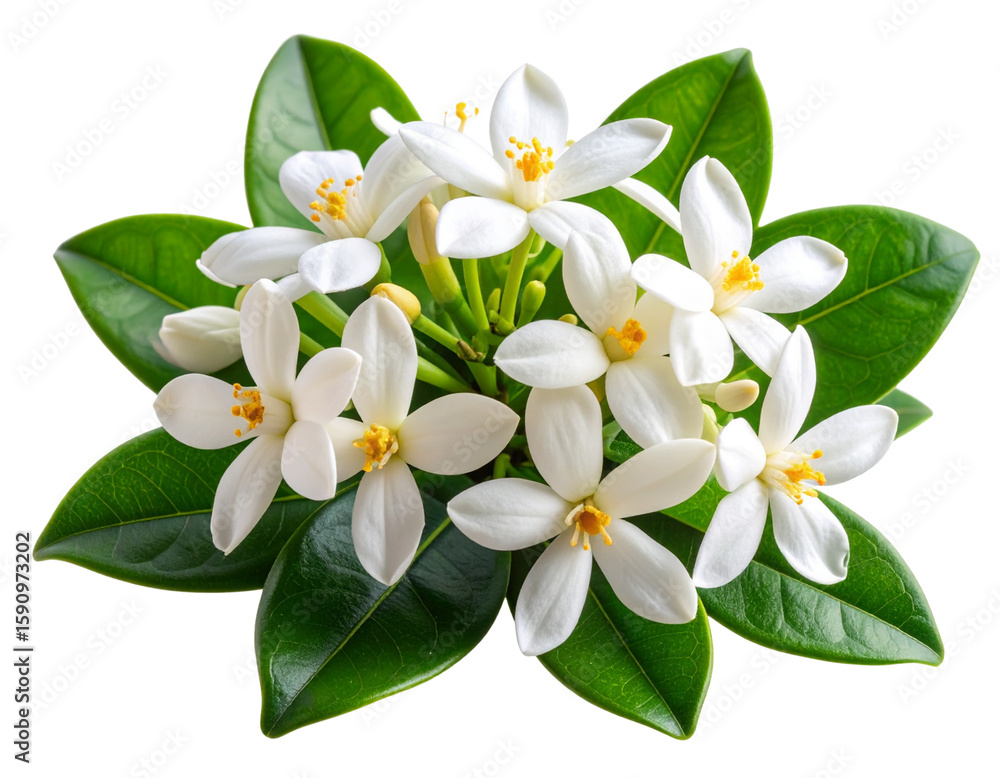 Fototapeta premium Cluster of Stephanotis Flowers with Green Leaves, Side Angle, Isolated.