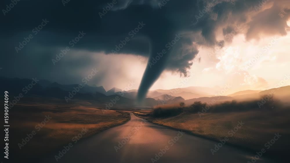 Powerful tornado touching down in a stormy rural landscape with dark ...