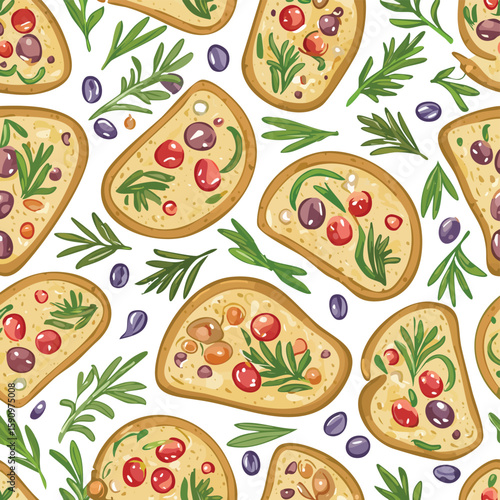Focaccia Vector Illustration with Seamless Pattern Design