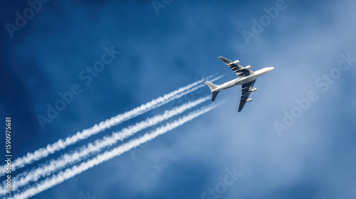 Airplane soaring through the sky with visible contrails