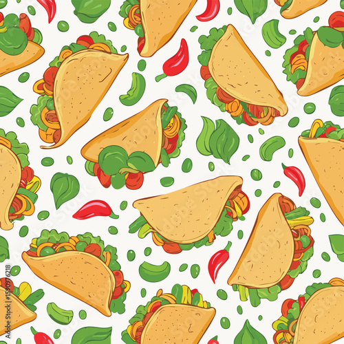 Chicken Fajitas Vector Illustration with Seamless Pattern Design