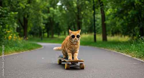 A ginger cat wearing sunglasses rides a skateboard down a paved path in a park, surrounded by trees.