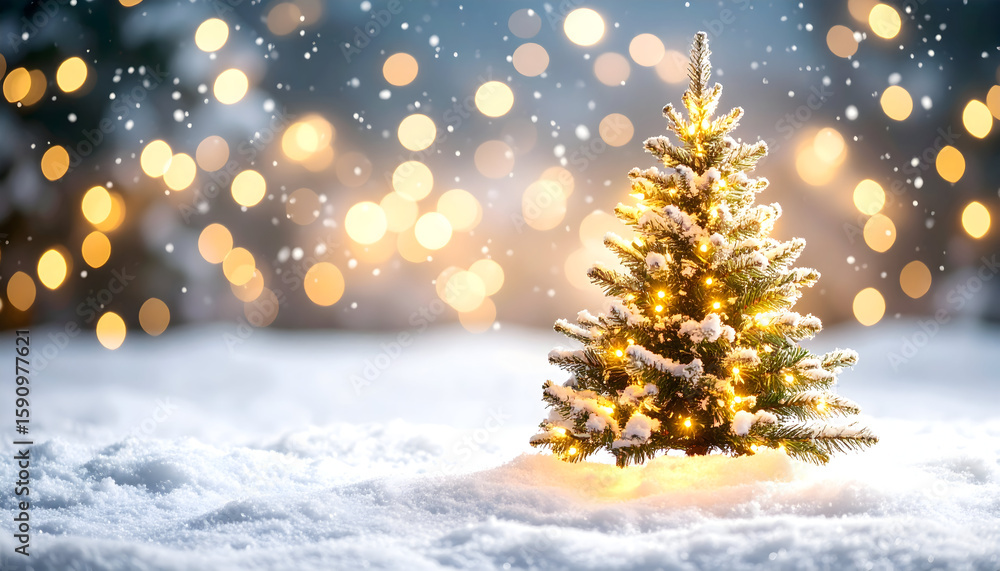 Obraz premium Small Lit Christmas Tree in Snowy Landscape with Golden Bokeh Lights