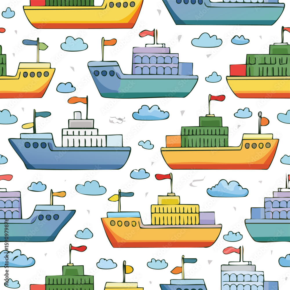Obraz premium Cargo ship Vector Illustration with Seamless Pattern Design