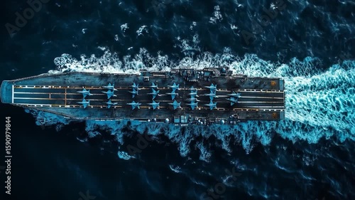 Aircraft Carrier at Sea with Aerial View.