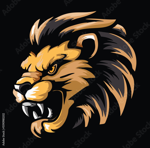 Roaring Lion Head: A fierce lion's head, rendered in a striking graphic style with intense golden eyes and sharp teeth, set against a black background. 