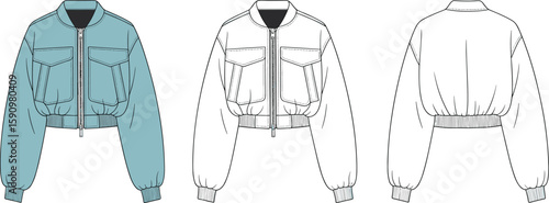 Stylish cropped bomber jacket CAD drawing, flat vector fashion illustration, technical template front and back, apparel design sketch, garment layout