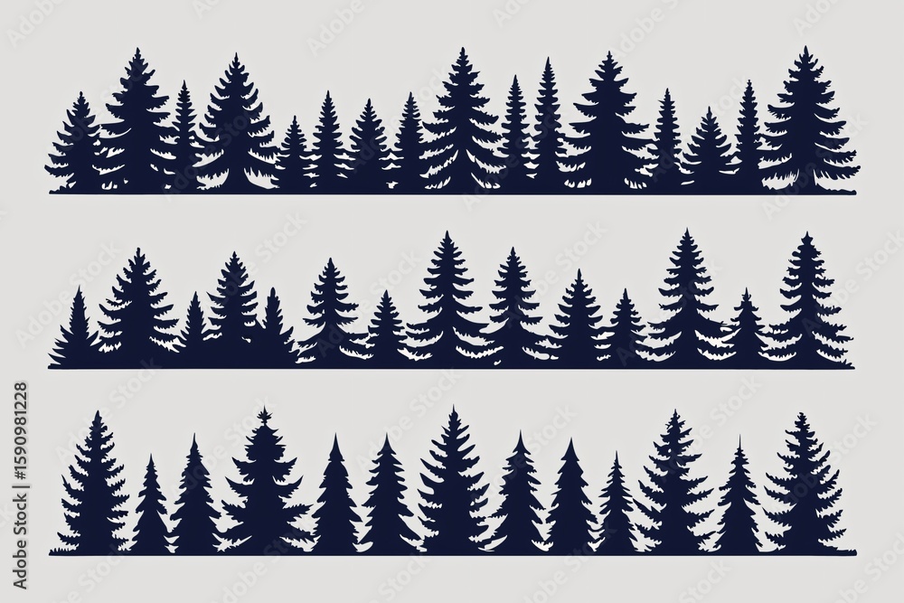 Obraz premium Dark navy blue evergreen forest silhouettes trees pine