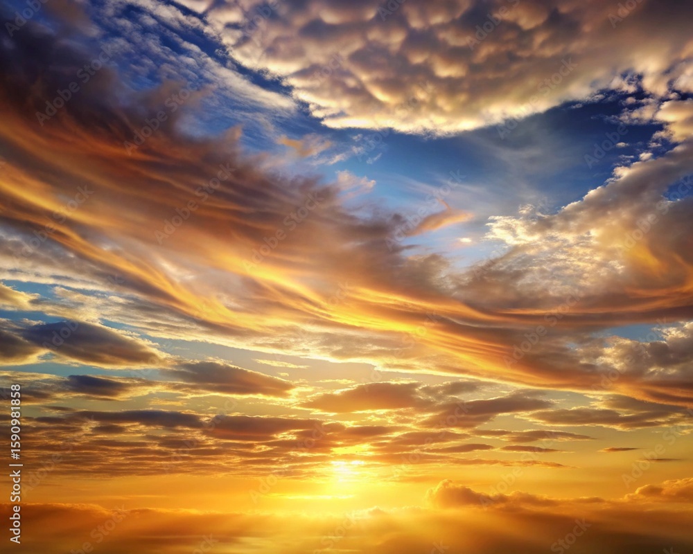 Fototapeta premium Vivid golden sunset sky filled with dramatic clouds and warm light