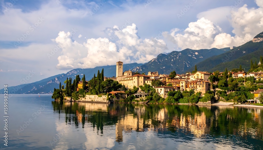 Obraz premium Lakeside village reflected in still water, with mountains and clouds