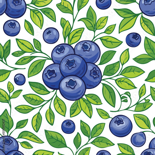Blueberry Shrub Vector Illustration with Seamless Pattern Design