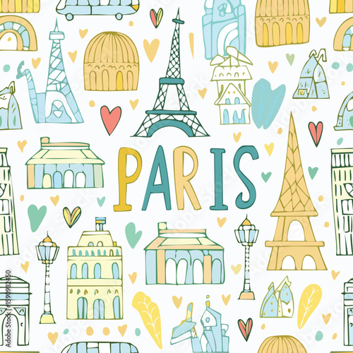 Eiffel Tower, Paris, France Vector Illustration with Seamless Pattern Design