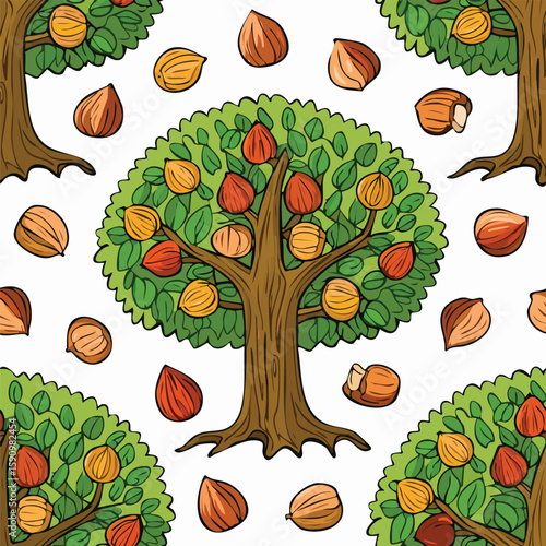 Hazelnut Tree Vector Illustration with Seamless Pattern Design