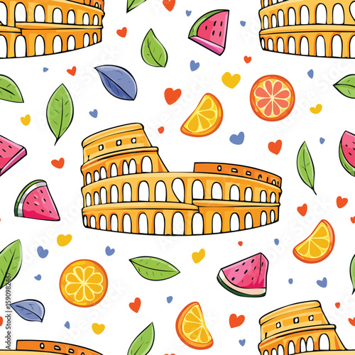 Colosseum, Rome, Italy Vector Illustration with Seamless Pattern Design