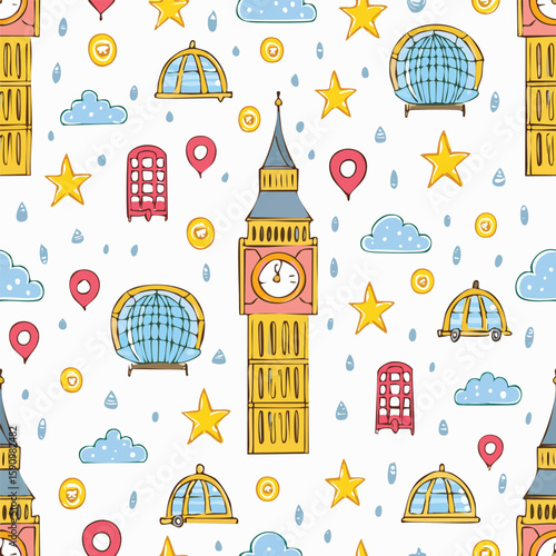 Big Ben, London, England Vector Illustration with Seamless Pattern Design