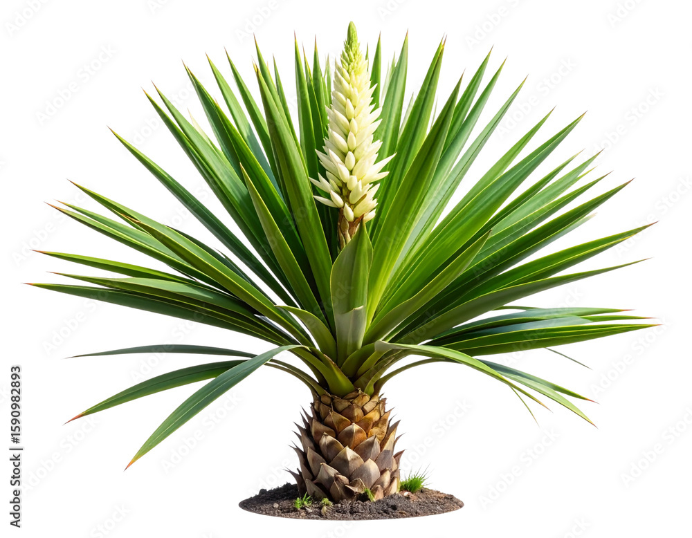 Fototapeta premium Side View of Yucca Plant with Spiky Green Leaves and Emerging Flower Stalk, Isolated.