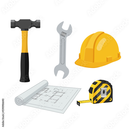 An isometric illustration set displays essential building and construction materials such as wood planks, concrete blocks, metal pipes, and various nails.