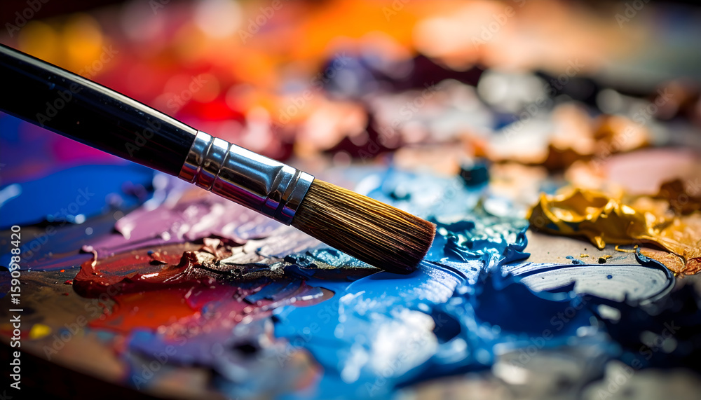 Fototapeta premium Closeup Vibrant Oil Paint Palette with Brush